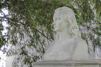 Novalis monument to writer and philosopher Friedrich von Hardenberg, head, bust, inscription,