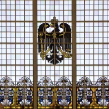 A stained glass window in the railway station with an imperial eagle is a reminder of the imperial