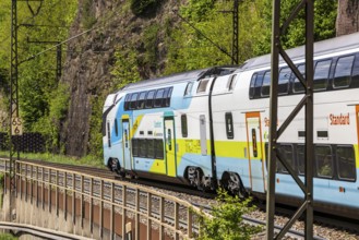 Train of the Austrian Westbahn en route on the winding railway line of the Geislinger Steige.
