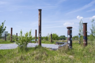 Stelae on the viewing platform at Lake Lippe, reservoir, Sande, Paderborn, Westphalia, North
