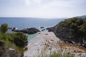 Milopotamos Beach on the Aegean Sea, Pelion Peninsula, Thessaly, Greece, newly created by Storm