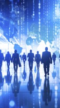 Business, abstract background, blur computer code, silhouette of walking people in a hall, blue