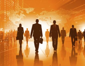 Business, abstract background, blur computer code, silhouette of walking people in a hall, orange