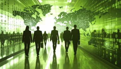 Business, abstract background, blur computer code, silhouette of walking people in a hall, green