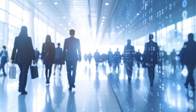 Business, abstract background, blur computer code, silhouette of walking people in a hall, blue