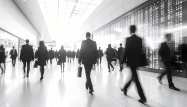 Business, abstract background, blur computer code, silhouettes of walking people, monochromatic