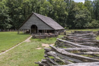 Historic log buildings at the Oconaluftee Visitor Center at Great Smoky Mountains National Park