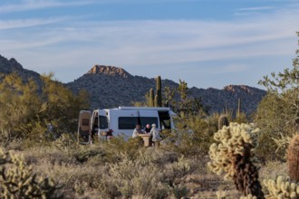 Camper van parked at a desert campsite at the White Tank Mountain Regional Park campground in