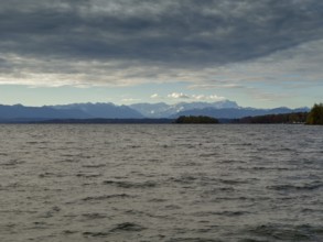 Lake Starnberg, behind the Zugspitze massif, Bavaria, Germany