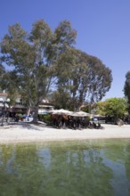 Sun loungers on the beach of Kala Nera on the Pagasitic Gulf, Pelion or Pelion Peninsula, Magnisia,