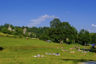 Sunbathing lawn at Hals reservoir, Hals an der Ilz, Ilzschleifen, near Passau, Lower Bavaria,