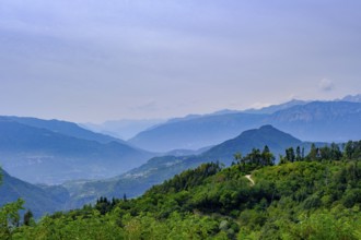 View from the pilgrimage church, Santuario della Madonna di Pinè on the Valsugana, Montagnaga, Val