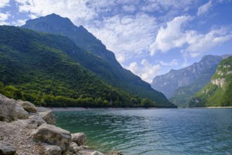 Pian Falcina, bathing beach on Lago di Mis, Sospirolo, Belluno, Veneto, Italy