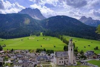 Parish church of St Peter and St Paul, in front of the Sesto Dolomites, Sesto, Sesto Valley,