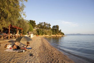Kato Gatzea beach on the Pagasitic Gulf at sunset, Pelion or Pelion Peninsula, Magnisia, Thessaly,