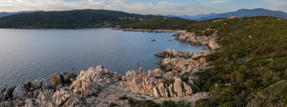 Aerial view, rocky coast near Porto Pollo, Corsica, France