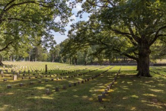 Grave stones in the US National Cemetery in Shiloh National Military Park near Shiloh, Tennessee