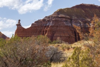 The Lighthouse rock hoodoo behind a field of grass and shrubs at Palo Duro Canyon State Park near