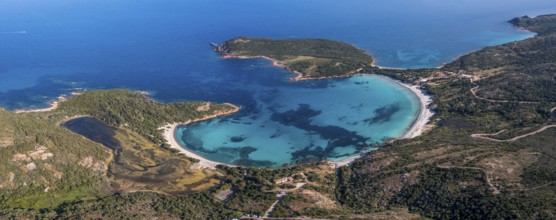 Aerial view, Plage de Rondinara, turquoise sea, sandy beach, bay, Corsica, France