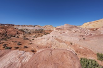 Layered rock formations along the Fire Wave Trail at Valley of Fire State Park near Overton, Nevada