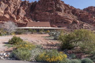 Visitor Center at the base of large red rock formations in Valley of Fire State Park near Overton,