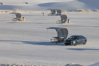 Parking and picnic area between the white gypsum sand dunes at White Sands National Park in