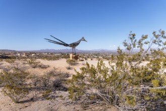 Giant Recycled Roadrunner statue made entirely from discarded materials by artist Olin Calk at an