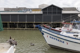 Commercial fishing boats docked next to Katie's Seafood House on the Galveston Channel in