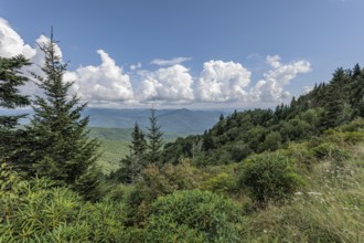 Smoky haze over the foliage on the mountainsides along the Blue Ridge Parkway in the Smoky