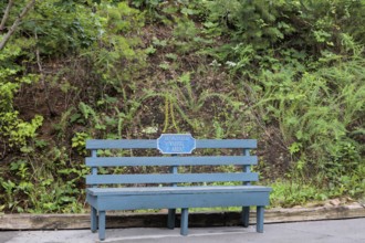 Wooden bench with sign for Designated Vaping Area at the Dollywood amusement park in Pigeon Forge,