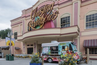 Blended Pedaler food truck parked at the entrance of the closed Chasing Rainbows theater at the