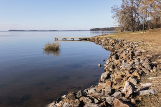Small wooden dock and boat ramp on Lake Seminole at the Corps of Engineers Eastbank Campground near