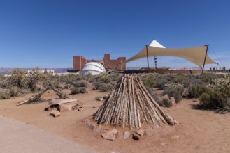 Cultural exhibits and shade structures at the Eagle Point overlook area of Grand Canyon West near