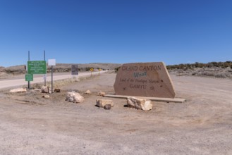 Entrance sign wlecoms visitors to Grand Canyon West near Peach Springs, Arizona