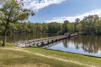 Bridge on Cub Creek Trail over Cub Creek Lake in Natchez Trace State Park near Wildersville,