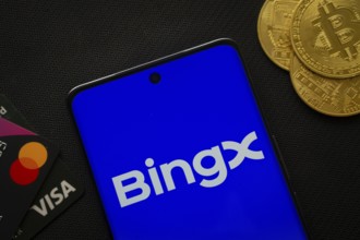 Smartphone displaying BingX logo surrounded by Bitcoin coins and payment cards