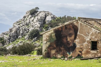 Large portrait painting on the wall of a house, typical rock formation in the back, El Torcal de