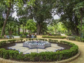 Botanic garden at the plaza espana, fountain, Seville, Andalusia, Spain