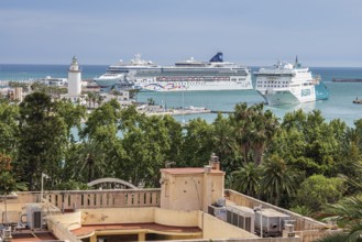 Cruise ship in the harbor of Malaga, lighthouse, Malaga, Andalusia, Spain