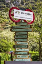 Decorated signpost, cycle path Via Verde Del Aceite, village Dona Menica, Andalusia, Spain