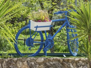 Decorated bicycle, cycle path Via Verde Del Aceite, village Dona Menica, Andalusia, Spain
