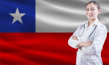 Female doctor on Chile flag. Doctor with crossed arms on Chile flag. Chile health and care concept