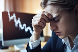 Stressed woman reacting to stock market crash. Concept of financial loss, economic downturn, and