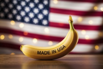 Banana labeled 'Made in USA' in front of blurred American flag. Concept of trade policy, domestic