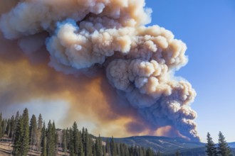 Massive forest wildfire smoke rising over mountain landscape under blue sky. Generative AI, AI