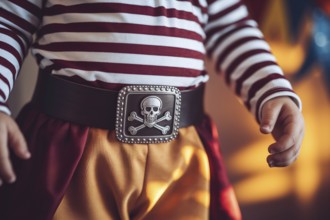 Young boy wearing pirate costume with detailed buckle for Halloween celebration. Generative AI, AI