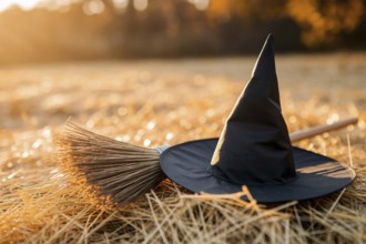 Halloween witch hat with broom on haystack. Spooky holiday decoration concept. Generative Ai, AI