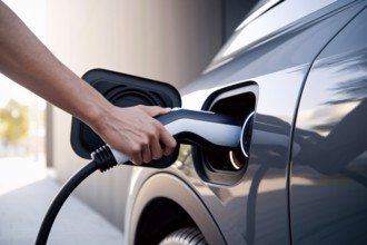 Person plugging electric car charger. Eco-friendly transportation concept. Generative AI, AI