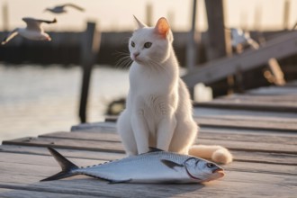 White cat sitting on wooden plank at harbour. Curious feline watching fish. Generative Ai, AI