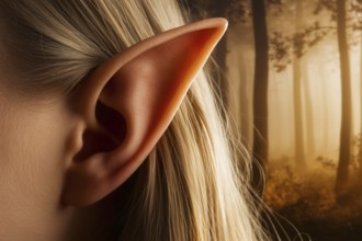 Close up of realistic elf ear. Fantasy costume detail concept. Generative Ai, AI generated